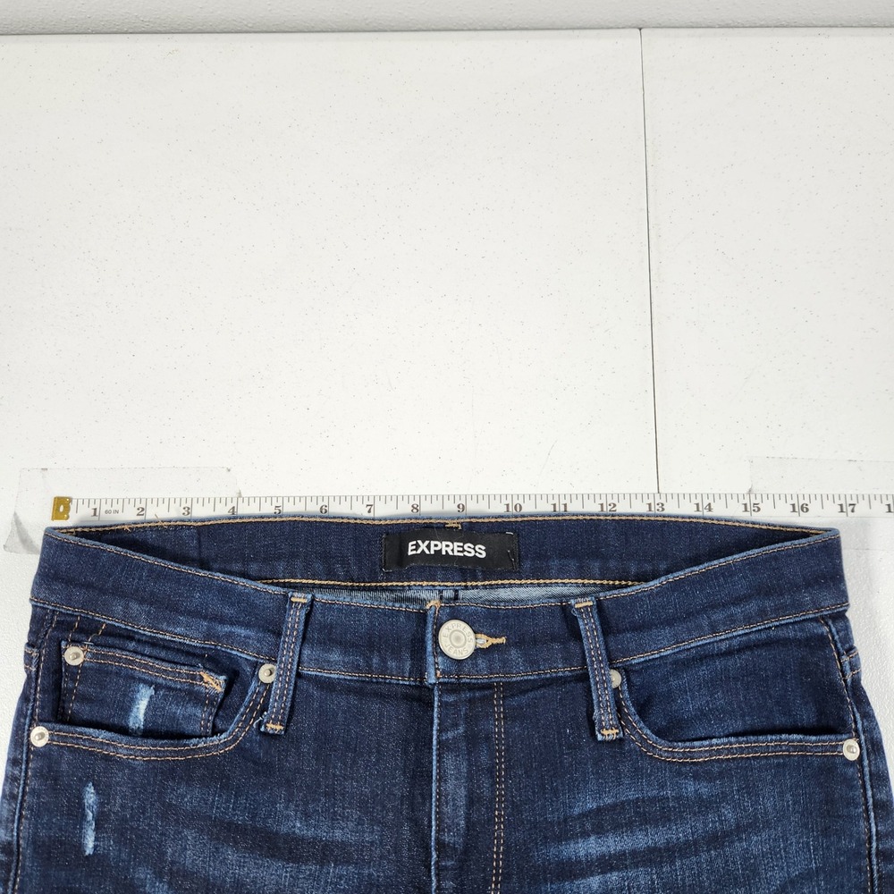 Express Super Skinny Mid Rise Distressed Jeans Dark Wash 10R Stretch Denim - Picture 3 of 10